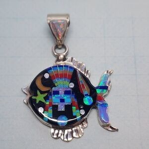 Native Micro-Inlay Sterling Signed Fish Pendant